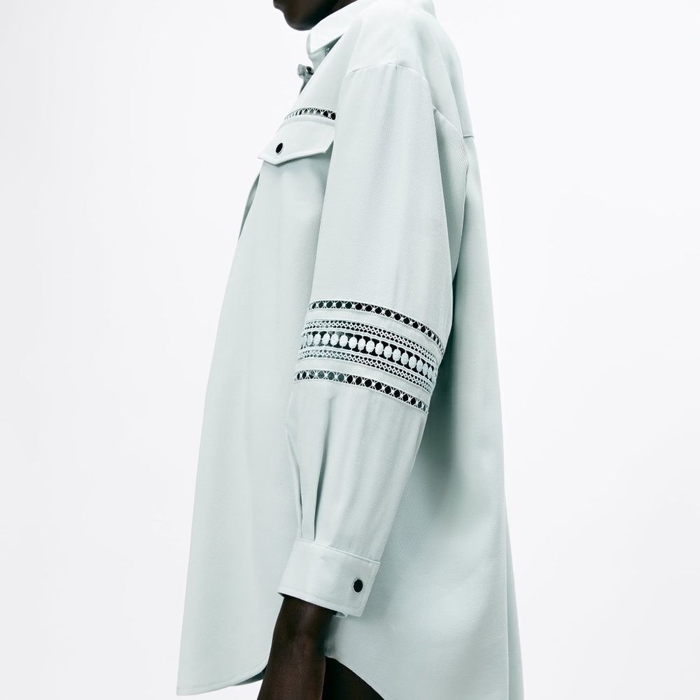 Zara Lace Insert Overshirt Pale Seafoam‎ Green Sz S